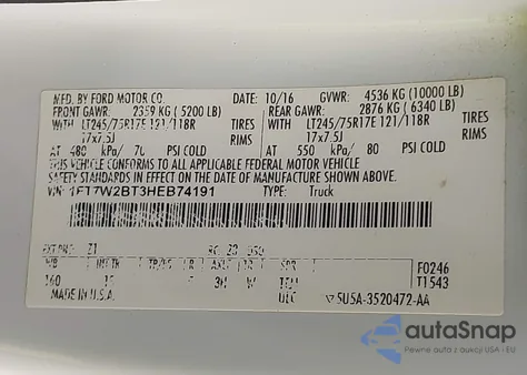 2017 Ford F-250 Xl z USA, uszkodzony, nr VIN 1FT7W2BT3HEB74191